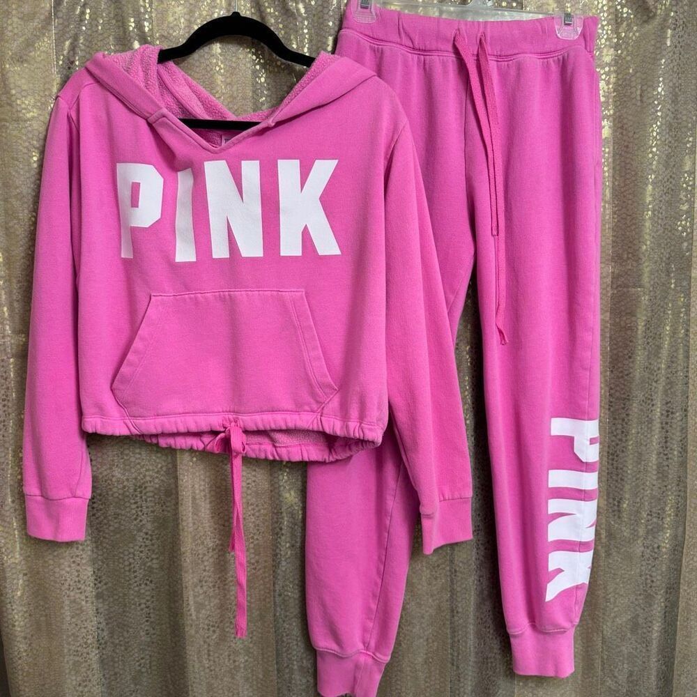 PINK Victoria's Secret Cinched Hoodie Sweatpants Set Hot Pink S/XS